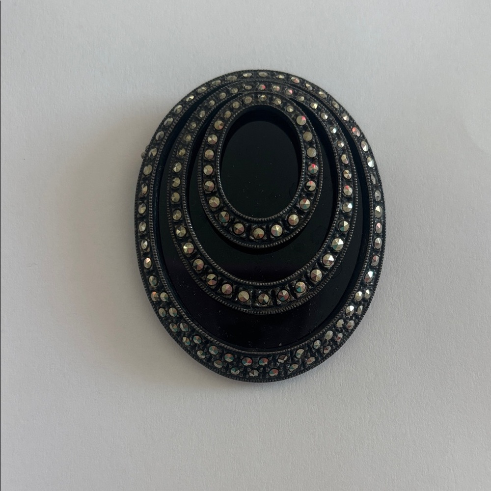 Chic Black and Silver Pin with Black Onyx, Hematite stones, Sterling Silver